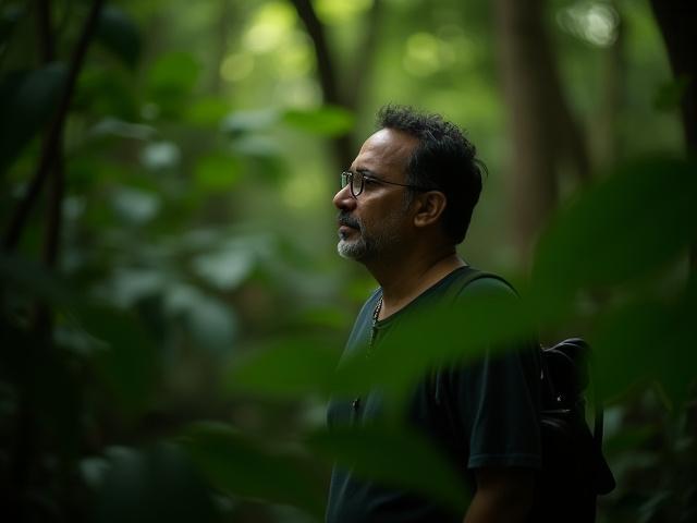 Founder or team in a lush natural environment, deep in thought, demonstrating passion for nature.