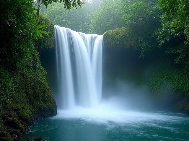 Cascading waterfall amidst tropical foliage