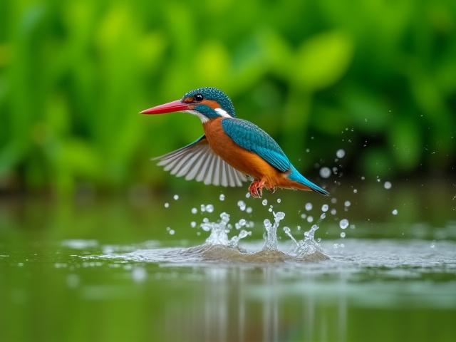 Vibrant kingfisher diving for fish