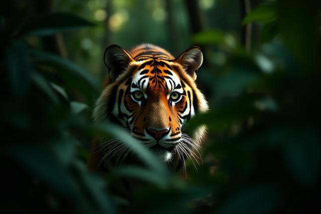 Cinematic shot of a tiger in dense jungle